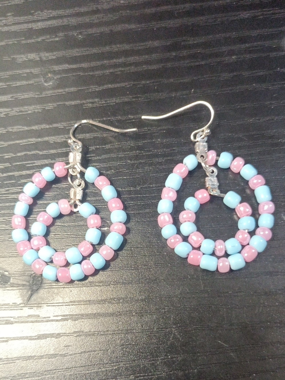 Handmade Pink & Light Blue Beaded Hoop Earrings - Women Jewelry